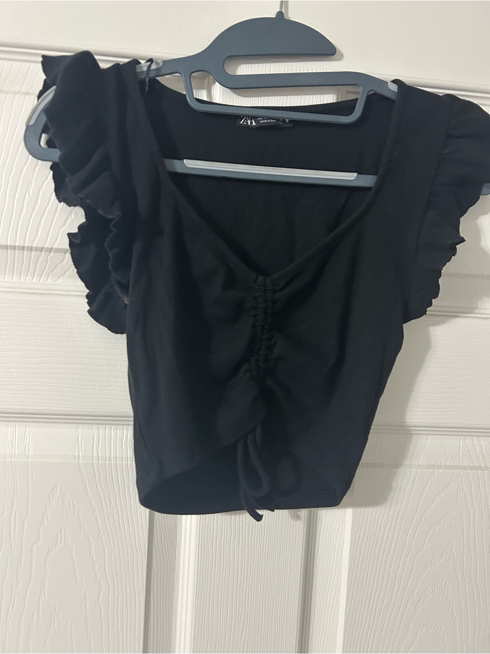 Zara Black Ruched Drawstring Ruffle Sleeve Crop Top